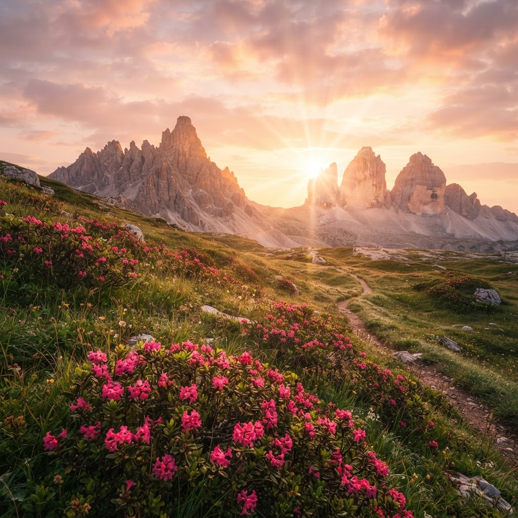 A golden sunrise over mountain peaks above a meadow of blooming pink wildflowers